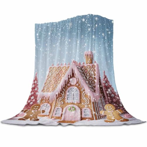 Pink Christmas Throw Blanket, Xmas Tree Gingerbread Man House Super Soft Warm Flannel Blankets for Bed Couch Sofa Fantasy Snow Scene Lightweight Fluffy Plush Bed Throws 50x60 Inch - color: Pink Blue, size: 50''x60''