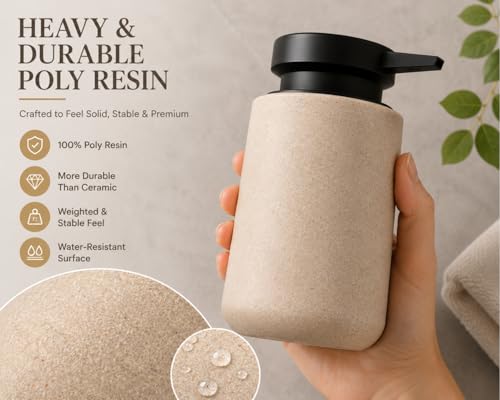 Clasin Home 3 Pcs Bathroom Accessories Set, Liquid Soap Dispenser with Large Pump, Toothbrush Holder Cup and Soap Dish, Sandstone Texture Bathroom Counter Set for Modern Home (Beige) - color: Beige