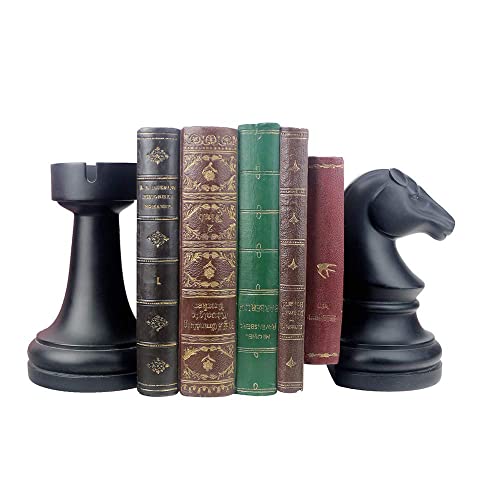 Decorative Bookends Chess Bookends, Black Book Ends Heavy Book Supports, Unique Bookends Decor for Office Home Desk Bookrack, 7"(L) x4(W) x7(H), 1Pair/2Piece - color: Black