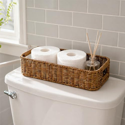 ZAVOOS 2 Pack Toilet Tank Basket with Handwoven Built-in Handle | Rectangular Wicker Shelf Baskets for Organizing, Countertop Storage Bin for Bathroom Tank Top, Bedroom Closet