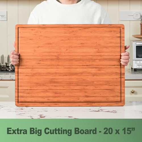 Allsum XL Cutting Board for Kitchen, 20x15" Extra Large, 1" Thick Bamboo Wood Butcher Chopping Block, Cheese Board, Durable Reversible with Juice Grooves and Handles - size: 20"L x 15"W