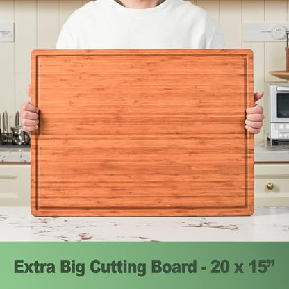 Allsum XL Cutting Board for Kitchen, 20x15" Extra Large, 1" Thick Bamboo Wood Butcher Chopping Block, Cheese Board, Durable Reversible with Juice Grooves and Handles - size: 20"L x 15"W