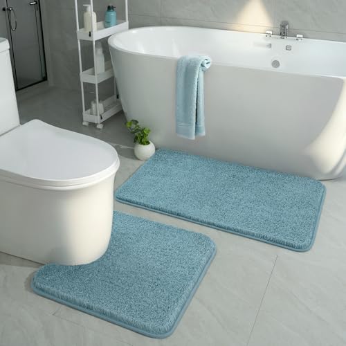 Spa Blue Bathroom Rug Set 2 Piece Bath Mat 21x34 U Shape Toilet Rug 21x21 | Absorbent,Washable,Non Slip Bathroom Rugs Sets,Contour Mat for Toilet - color: Spa Blue