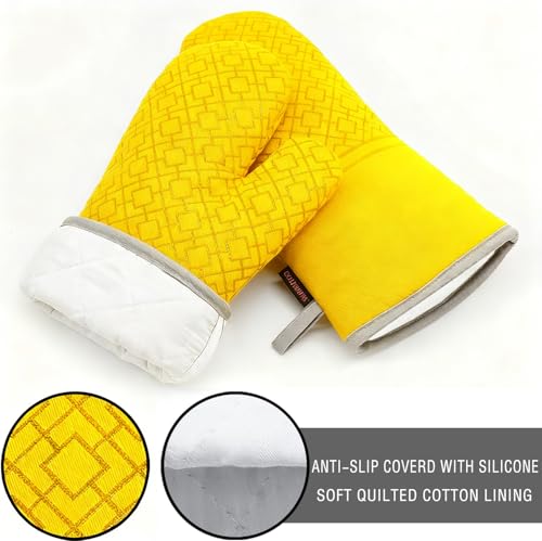 Oven Mitts and Pot Holders Sets 6pcs, Kitchen Oven Glove,High Heat Resistant 550 Degree Extra Long Oven Mitts and Potholders with Non-Slip Silicone Surface for Home Essentials (Grey) (Yellow) - color: Yellow