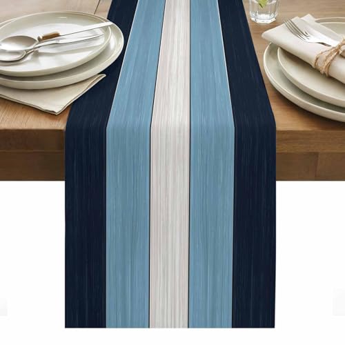 Navy Sky Blue White Table Runner, Farmhouse Cotton Linen Tablecloth Summer Holiday Table Decorations for Home,Kitchen,Dining Room,Indoor,Outdoor,Small 13X36 Inches Retro Rustic Barn Wood Texture - color: Navy Sky Blue, size: Small 13x36