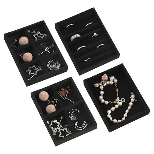 Small Jewelry Organizer for Drawer,Set of 4 Velvet Jewelry Trays | Jewelry Box Inserts,Drawer Inserts,Vanity Drawer Organizer,Mini Size,Stackable Earring Organizer,Adjustable Dividers - color: Black, size: Set 4