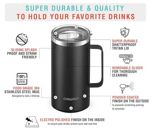 CHILLOUT LIFE Stainless Steel 20 oz Vacuum Insulated Coffee Mug with Handle and Lid, Large Thermal Camping Coffee Mug Cup with Durable Sliding Lid for Men & Women, Keeps your Beverages Hot/Cold - color: Black, size: 20 Ounces