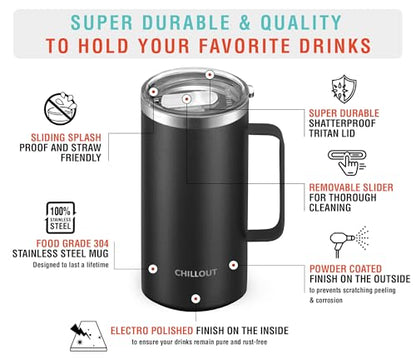 CHILLOUT LIFE Stainless Steel 20 oz Vacuum Insulated Coffee Mug with Handle and Lid, Large Thermal Camping Coffee Mug Cup with Durable Sliding Lid for Men & Women, Keeps your Beverages Hot/Cold - color: Black, size: 20 Ounces