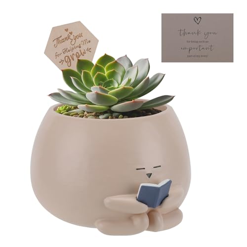 Bookworm Planter Pot - Cute Plant Pots for Succulents with Thank You Sign & Card, Small Reading Planter for Indoor Outdoor Decor, Succulent Gifts for Book Lovers, Teacher Dad Mom Appreciation - size: Small