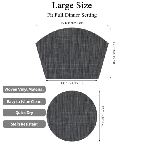 SHACOS Large Size Wedge Placemats with Centerpiece Round Mat Set of 5 Round Table Place Mats Washable Dining Table Placemats Reversible Durable, Black Gray - color: Black Gray