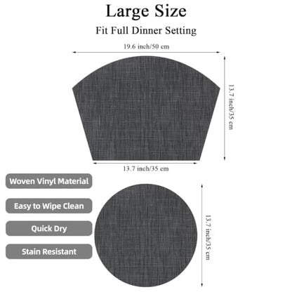 SHACOS Large Size Wedge Placemats with Centerpiece Round Mat Set of 5 Round Table Place Mats Washable Dining Table Placemats Reversible Durable, Black Gray - color: Black Gray