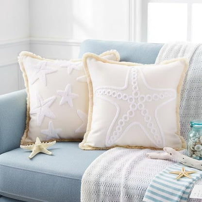 2 Pcs Starfish Pillow Covers 18 x 18 Inch Beige Coastal Beach Pillowcase | Embroidered, Soft Plush, Boho Summer Nautical Couch Cushion Case for Summer Chair Sofa Bedroom Living Room