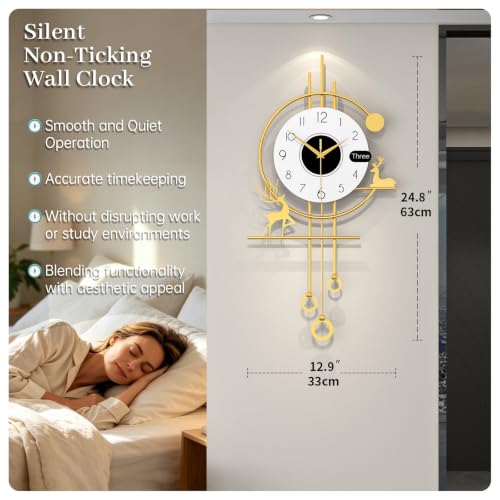 Modern Wall Clocks Battery Operated Silent Clock for Living Room | Analog Large Decorative Wall Clock Non-Ticking Gold Iron Pendulum Clock for Kitchen Bedroom Farmhouse Office Decor 13x24 inch - style: Casual