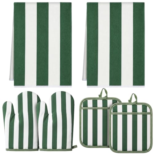 6 Pcs Matcha Green Striped Oven Mitt Pot Holder Towel Set | Stripe Kitchen Accessories Decoration Gift Farmhouse Dish Towels Heat Resistant Oven Gloves Pot Holder with Hanging Loop - color: Matcha Green