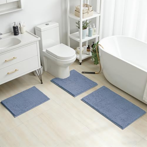 HOMEIDEAS 3 Pieces Bathroom Rugs, Ultra Soft Non Slip Absorbent Chenille Toilet Bath Mat Set (Grey Blue) - color: Grey-blue, size: 17"x24"+20"x32"+U Shape 20"x24"