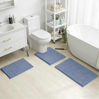 HOMEIDEAS 3 Pieces Bathroom Rugs, Ultra Soft Non Slip Absorbent Chenille Toilet Bath Mat Set (Grey Blue) - color: Grey-blue, size: 17"x24"+20"x32"+U Shape 20"x24"