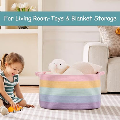 Rainbow Storage Basket for Toys Large Blanket Basket for Girls | Woven Cotton Rope Baby Laundry Hamper, Kids Nursery Toy Basket for Classroom, Soft Stuffed Animal Storage