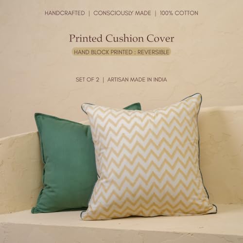 JBH Hand Block Print Reversible Throw Pillow Covers 18x18 Inch Set of 2 – Handmade (Green, Cream, 18x18 inch) - color: Green, Cream