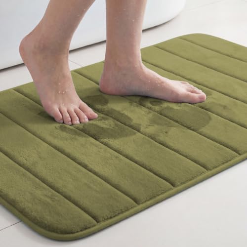 Flamingo P Memory Foam Bath Mat, Extra Soft Non Slip Quick Dry Absorbent Bathroom Shower Rugs Machine Washable, 20x32 Inches, Olive - color: Olive Straight Line, size: 32" x 20"