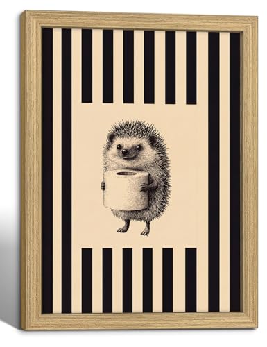Framed Bathroom Canvas Wall Art Funny Hedgehog Vintage Decor 16X12 Inch | Cute Bathroom Painting Prints Picture Poster Ready To Hang for powder room toilet room bedroom entryway decor - color: Funny Hedgehog 024, size: 16"L x 12"W