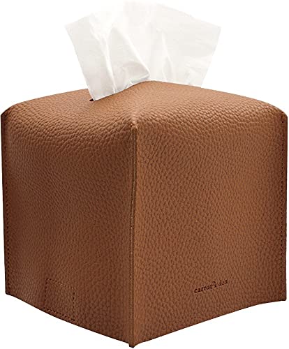 Carrot’s Den PU Leather Tissue Box Cover Holder, Bathroom Decor, Camel | Faux leather square holder fits standard facial tissue boxes. Decorative aesthetic accent for office desk, guest bedroom. - color: Camel