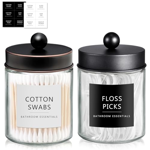SheeChung 2 Pack Glass Qtip Holder with ORB & Black Stainless Steel Lids | Apothecary Jars with Stickers, Countertop Canister Guest Bathroom Storage Organizer Set for Cotton Swabs/Balls, Floss Picks - color: Black&Bronze, size: 2 pack