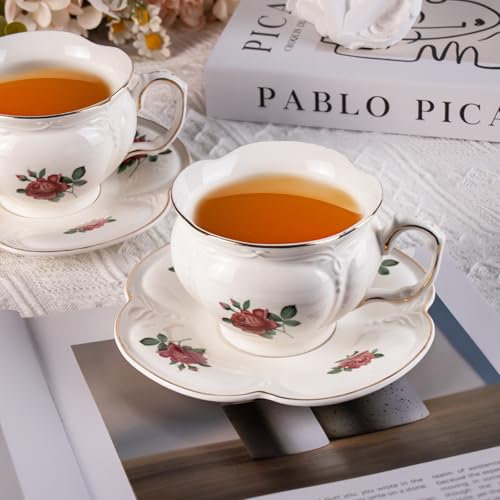 KAMMAK Tea Cups and Saucers Set of 2, 6.8 oz Porcelain Coffee Cups, 564N | Stackable Espresso Mugs, Ceramic Demitasse for Coffee, Cappuccino, Latte, Americano, Tea - size: 7KPSP564N