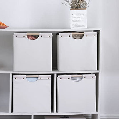 HOONEX Large Collapsible Storage Bins, Linen Fabric, Pack of 2, Storage Baskets with Wooden Carry Handles and Sturdy Heavy Cardboard, for Home, Office, Car, Nursery, White - color: White