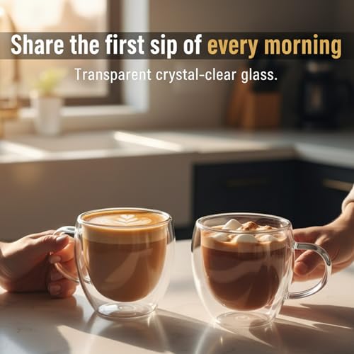 Casafoyer 9 Oz Double Wall Glass Coffee Cups Set of 4, Borosilicate Espresso Mugs