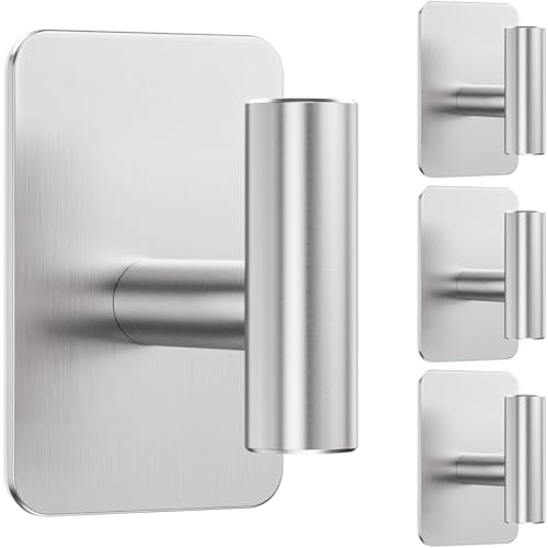 Heavy Duty Adhesive Hooks - 26lb Max, Sticky Wall Hooks Waterproof Stainless Steel for Hanging Towel, Coat, Robe, Towel Hooks Stick on Bathroom, Kitchen, Shower, Door (Silver, 4 Pack) - color: Silver-Cylinder4