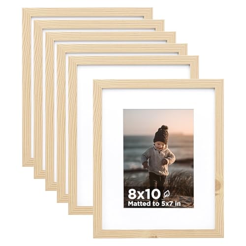 8x10 Picture Frame Wood Grain Set of 6 Photo Frames Matted 5x7 | 8 x 10 Wooden Picture Frame with Plexiglass Fits 5x7 with Mat or 8x10 without Mat for Table and Wall Display - color: Wood Grain, size: 8x10