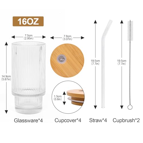 16Oz glasses drinking set of 4,Ribbed Glass Cups With Lids And Straws,Glass Tumbler With Lid for Beer, Juice, Water, Iced coffee Cup,Whiskey