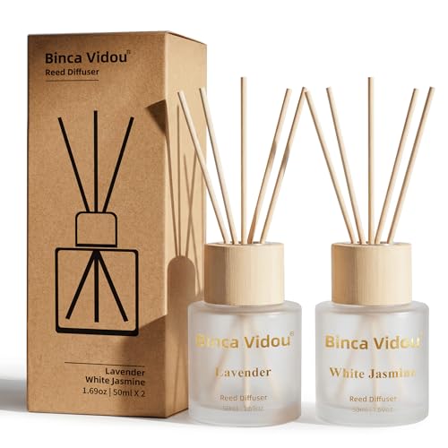 Reed Diffuser Set, Binca Vidou Lavender & White Jasmine Natural Scent Oil Diffusers with Sticks for Home Office Bathroom Aromatherapy Decor 1.69oz x 2 - color: Lavender & White Jasmine