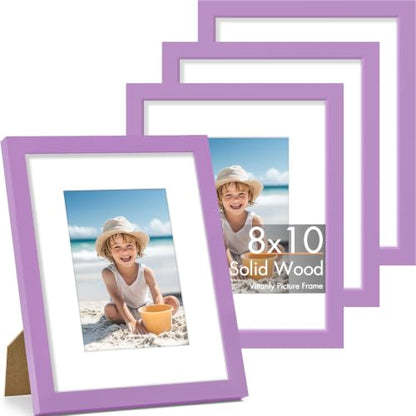 Vittanly Solid Wood 8x10 Picture Frames Set of 4, Purple | 5x7 Picture Frame with Mat, Gallery Wall Frame Set, 8 x 10 Frame for Wall & Tabletop Display, Family, Pet, Christmas - color: Purple, size: 8x10