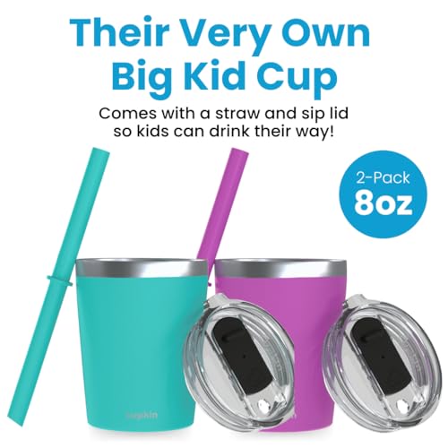 CUPKIN Cups with Lids and Straws, The Original 8 oz Stackable Stainless Steel First Sippy Cup, Set of 2 Powder Coated Insulated Kids Hot Drink Cup + BPA Free Lids + Silicone Straws (Green + Pink) - color: Green + Pink, size: 8 Fl Oz (Pack of 2)