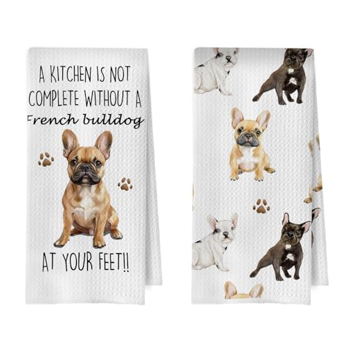 French Bulldog Kitchen Towels 16x24 Inch, French Bulldog Gifts Decorative Waffle Weave Dish Towels, Frenchie Mom Gift Hand Tea Towel, Set of 2 - color: French Bulldog