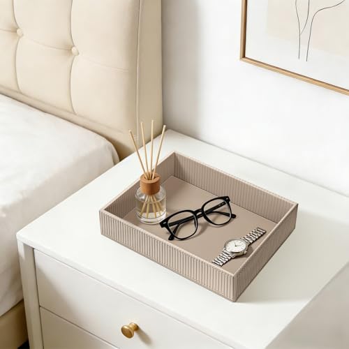 SITHON Valet Tray Desk Organizer PU Leather Catchall | Bedside Vanity Tray Nightstand Caddy Coin Box Key Jewelry Storage Organizer, Graduation, Stripe Latte - color: Stripe Latte