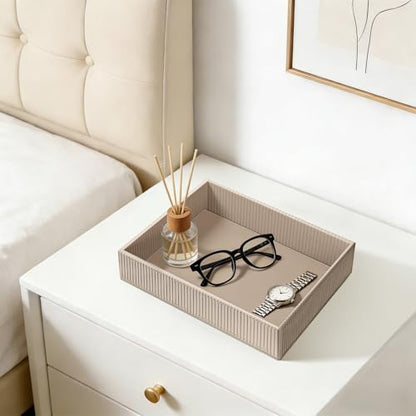 SITHON Valet Tray Desk Organizer PU Leather Catchall | Bedside Vanity Tray Nightstand Caddy Coin Box Key Jewelry Storage Organizer, Graduation, Stripe Latte - color: Stripe Latte