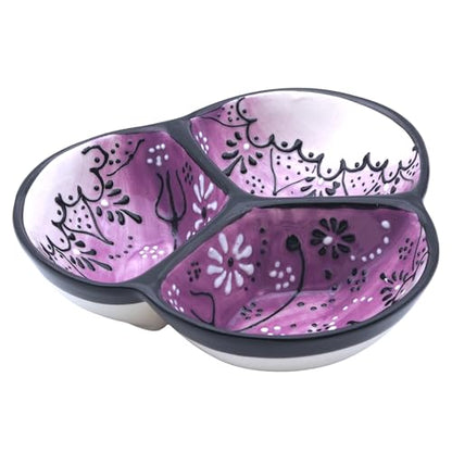 3-Compartment Ceramic Serving Dish, Handmade in Spain | 7.5” divided chip and dip bowl with lead-free glaze, microwave, oven and dishwasher safe, ideal for tapas, snacks and sauces - color: Onyx Lilac