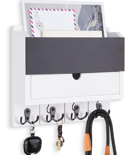 Mail and Key Holder Wall Mount with Storage Drawer & Chalkboard Panel | Modern Wooden Mail Organizer for Wall Entryway, 7 key hooks, Stylish Home Decor for Apartments, Living Room, Office - color: White