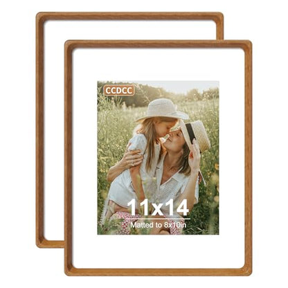 11x14 Picture Frame Set of 2, Natural Teak Wood Solid Wood 11 by 14 Photo Frames with 8x10 Mat with Real Glass for Wall and Tabletop Display - color: Natural Teak, size: 11x14-2Pack