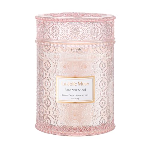 LA JOLIE MUSE Rose Noir & Oud Scented Candles for Home, 19 oz Natural Soy | Large Jar Luxury Candle, Floral Pink Candles, Clean Non Toxic, Decorative Candle Gifts for Women, Wood Wick, Sandalwood Rose - color: Rose Noir & Oud, size: 19 oz