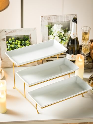 YHOSSEUN 3 Tier Serving Tray for Party, Tiered Serving Platters and Trays, 14 Inch Tiered Tray Stand, Dessert Stand, Serving Stand, Dessert Table Display Set with Collapsible Sturdier Metal Rack | Ceramic Tiered Tray Stand, Dessert Stand, Serving Stand, D