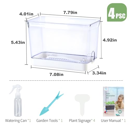 4pk Self-Watering Windowsill Planters, Clear Plastic w/Drainage Holes | 7.8"x5.4"x4", Rectangular Flower Pots, Plant Growth Observation Box for Kids