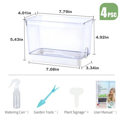 4pk Self-Watering Windowsill Planters, Clear Plastic w/Drainage Holes | 7.8"x5.4"x4", Rectangular Flower Pots, Plant Growth Observation Box for Kids