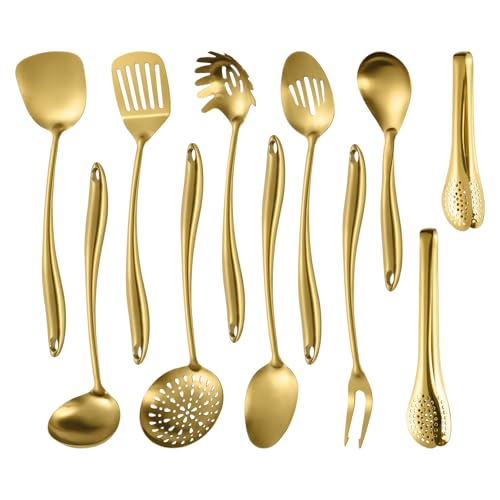 304 Stainless Steel Matte Kitchen Utensils Set, 11 Pcs Long Metal Cooking Utensils Set, Gold Cooking Utensils Set, Dishwasher Safe - size: 11Pcs-Gold
