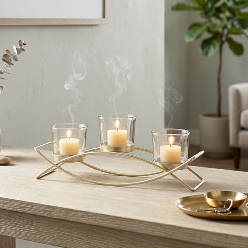 Iron Arch Table Centerpiece Decorations Long Candle Holder for Weddings, Patio, Kitchen, Dining Room, and Coffee Tables, Gold, Clear Chunky 3 Cups | Votive Candle Holders, Wrought Iron 3 Cup Candelabra, Long Modern Coffee Console Table, Clear Glass Cups,