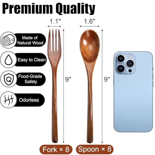 16 Pcs 9" Wooden Spoons Forks Set, Wood Dinner Utensil Set for Eating, Kitchen Reusable Flatware Tableware, Natural Cutlery Include 8 Spoons and 8 Forks, for Cooking Home Restaurant, Brown