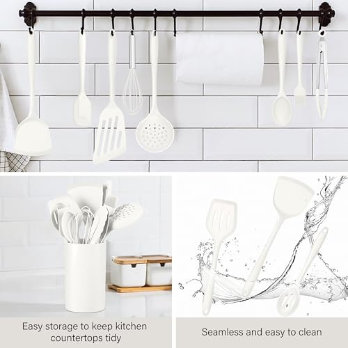 HaWare 11 PCS Silicone Cooking Utensils Set, Heat Resistant Kitchen Utensils with Holder, Food-grade Spatula Sets for Nonstick Cookware, Kitchen Tools Gadgets Include Fish Turner, Spoon (White) - color: White