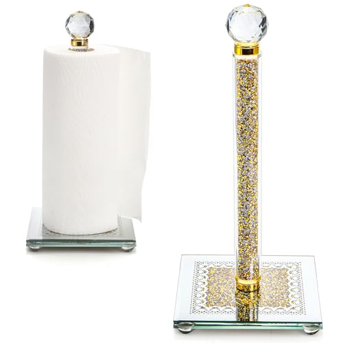 Paper Towel Holder, Gold Paper Towel Roll Dispenser Stand Weighted Base Non Slip Filled with Sparkly Crystal Crushed Diamond House Decor for Home Kitchen Countertop Tabletop - color: Gold